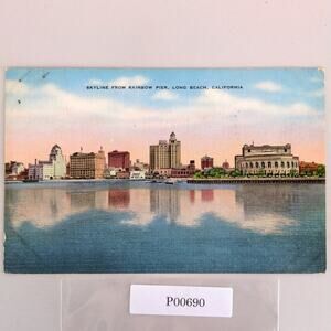 Skyline from Rainbow Pier Long Beach California 1930s Linen Postcard 1942 CA PC